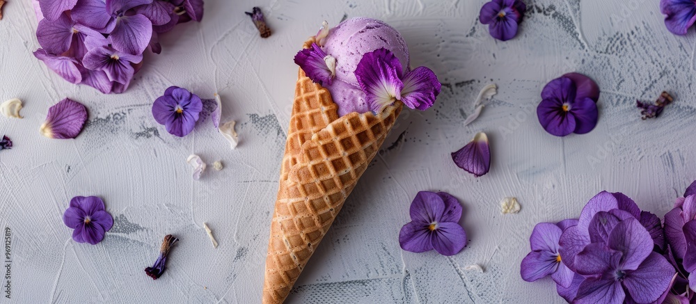 Poster violet dried flower with small petals in a waffle ice cream cone on a gray background copyspace