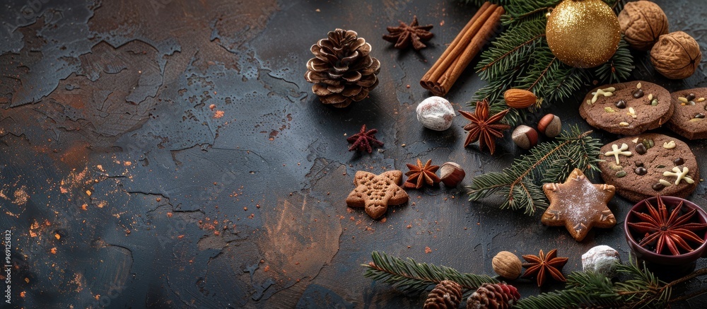 Poster christmas food with decorations christmas cookies with chocolate gingerbread cookies nuts and fir tw