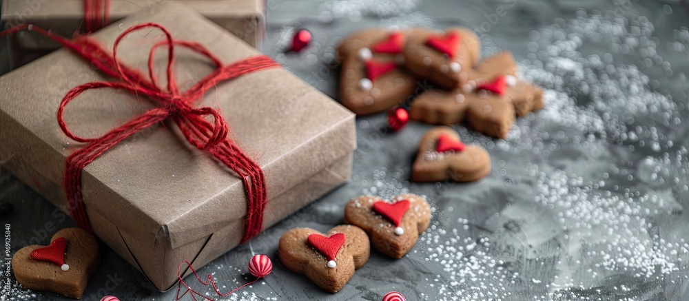 Poster gift box featuring a heart and heart shaped cookies on a gray concrete backdrop wrapped in kraft pap