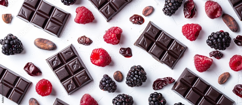 Poster Chocolate bars topped with freeze dried berries on a white background viewed from above Area for text. with copy space image. Place for adding text or design