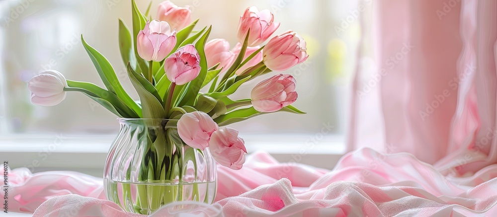 Poster Close up of a white glass vase containing a bouquet of pink tulips in bloom and a greeting card with space for text on a white background. with copy space image. Place for adding text or design