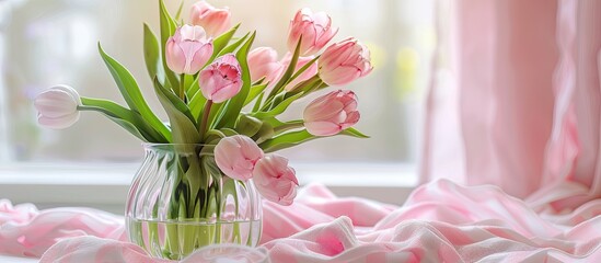 Close up of a white glass vase containing a bouquet of pink tulips in bloom and a greeting card with space for text on a white background. with copy space image. Place for adding text or design © vxnaghiyev