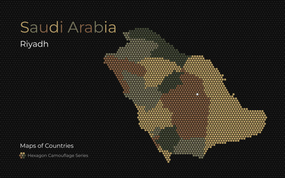 Saudi Arabia Hexagon Map with Camouflage Color Regions, with capital ar Riyad