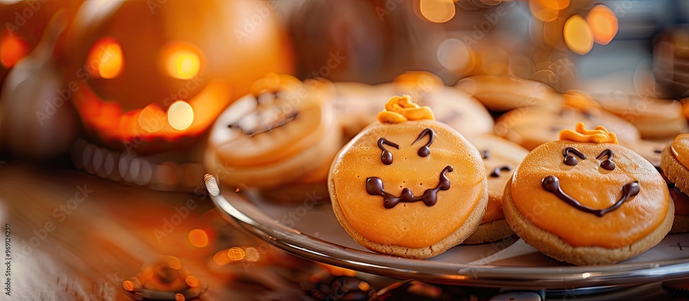 Poster funny mummy cookies for a halloween treat for children. with copy space image. place for adding text