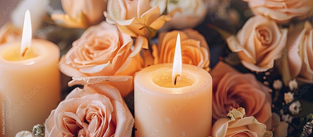 Poster lovely beige roses and a lit candle. with copy space image. place for adding text or design