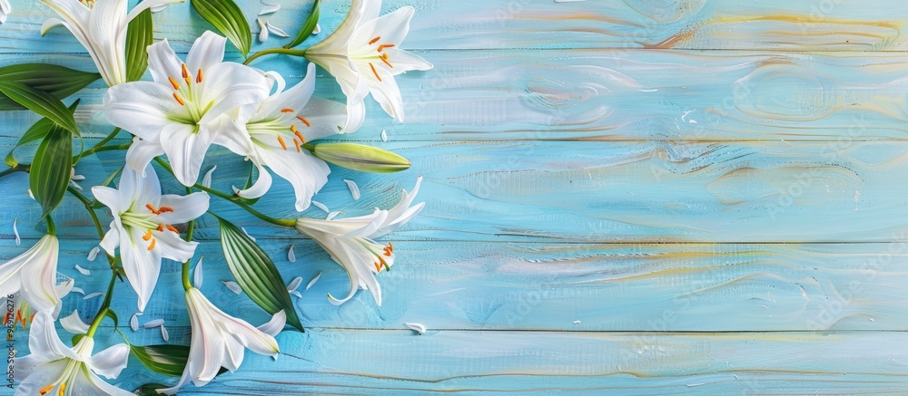 Poster beautiful spring greeting card featuring a frame of white lilies of the valley on blue painted woode