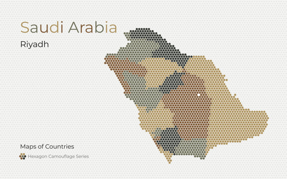Saudi Arabia Hexagon Map with Desert Camouflage Color Regions, Riyadh Highlighted	
