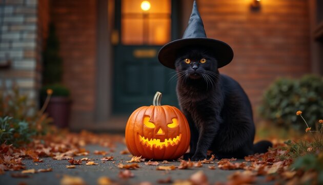 Halloween theme, a black cat in a sorcerer's hat posing next to a pumpkin against the background of autumn nature