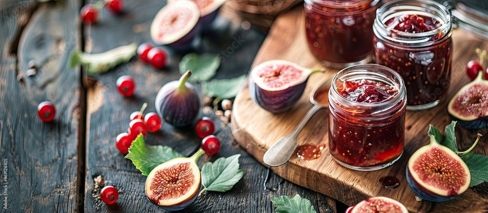 Poster Flat lay arrangement featuring tasty fig jam on a wooden table Room for text. with copy space image. Place for adding text or design