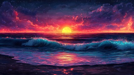 Semiabstract illustration of a serene beach scene with neon waves and glowing sunsets blending into a peaceful vibrant landscape
