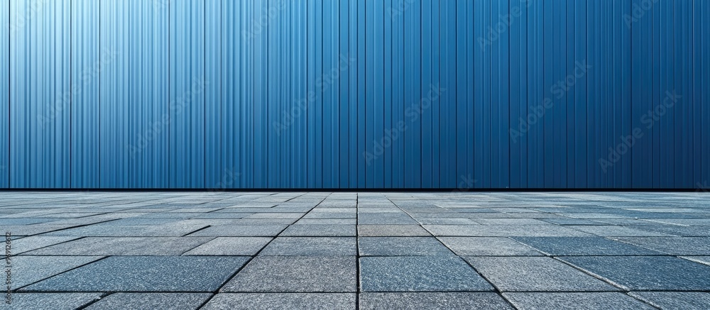 Poster blue aluminum cladding wall with vertical stripes and a porphyry pavement in the foreground backgrou