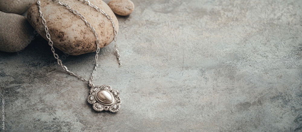 Fototapete bohemian style silver jewelry set and pebble against a vintage grey background top view. with copy s