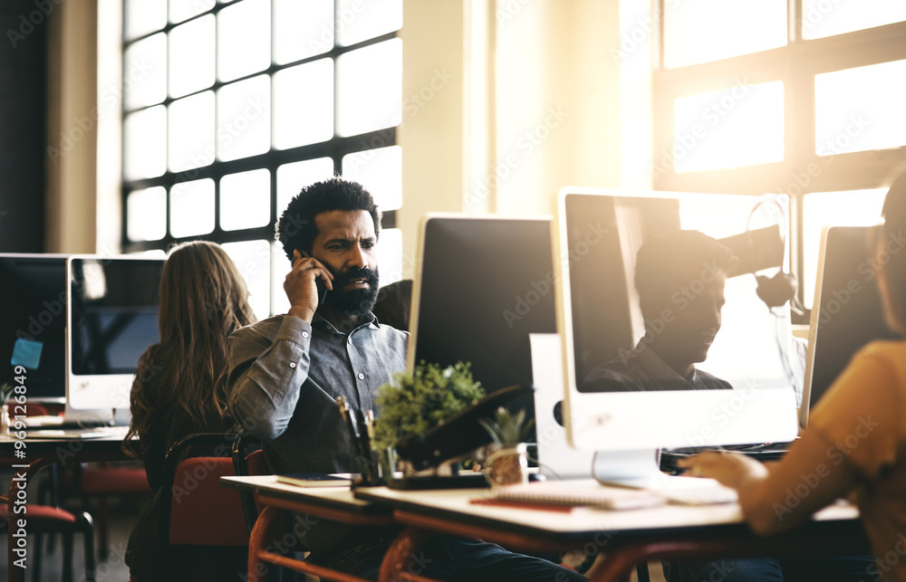 Poster phone call, business and man in office, pc and connection with network, talking and conversation. af