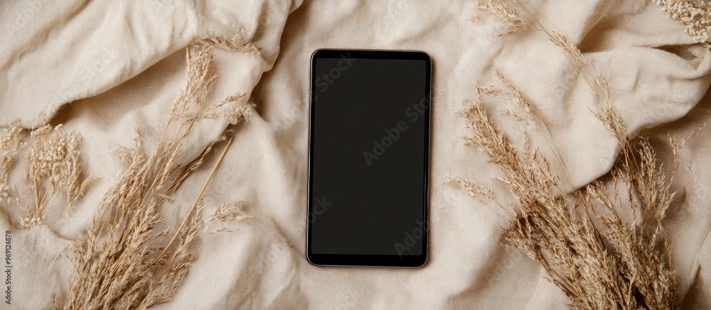 Aufkleber flat lay of a mobile phone featuring a blank screen copyspace mockup stylish dried grass and a table