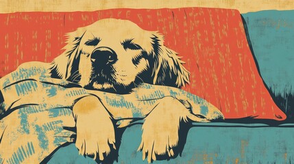 Playful Golden Retriever Relaxing Under a Blanket on a Couch with a Silly Expression