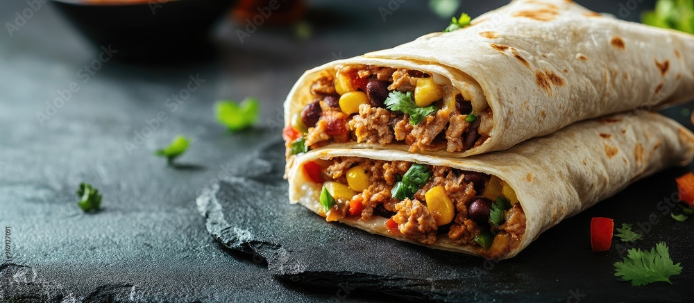 Aufkleber burrito wraps filled with minced meat beans and vegetables a traditional mexican dish. with copy spa