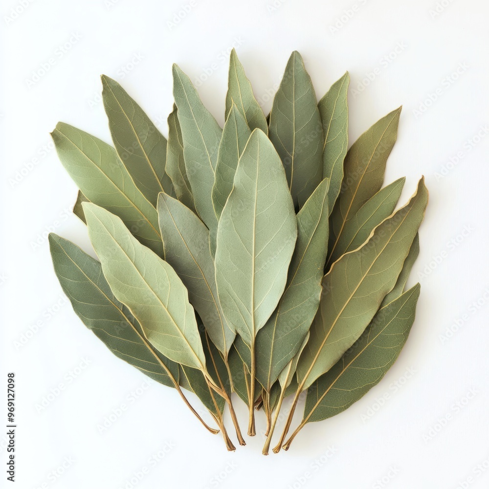 Wall mural A collection of bay leaves arranged aesthetically on a white background.