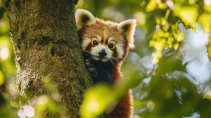 Naklejka premium A red panda peeks from behind a tree, surrounded by lush green foliage.