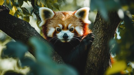 Naklejka premium A red panda perched on a tree branch, showcasing its distinctive fur and curious expression.