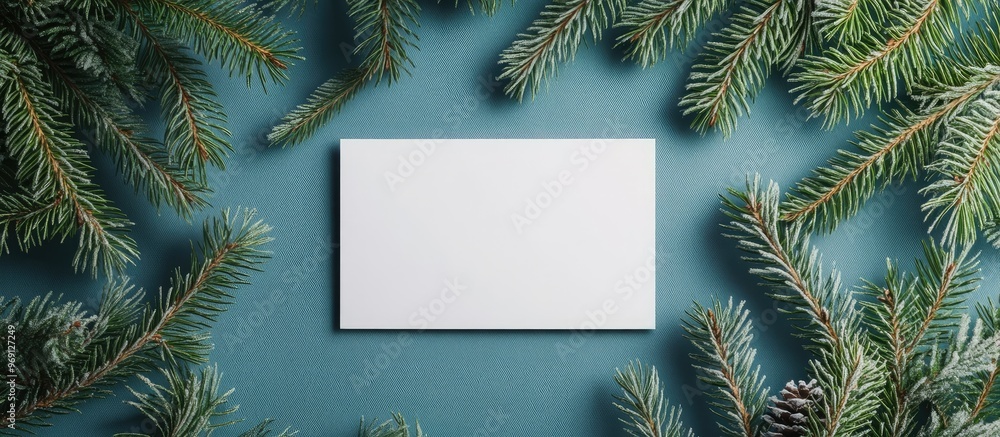 Poster christmas blank greeting card mock up scene a creative arrangement featuring christmas tree branches