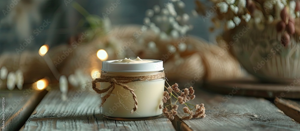 Poster Attractive arrangement featuring a jar of body cream on a wooden table. with copy space image. Place for adding text or design