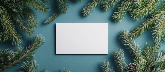 Fototapeta premium Christmas blank greeting card mock up scene A creative arrangement featuring Christmas tree branches and a paper card note Flat lay Nature New Year theme. with copy space image