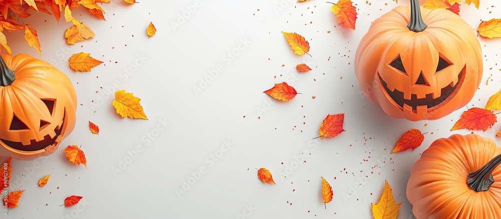 Aufkleber Halloween background on a white surface Colorful party decorations and fall leaves. with copy space image. Place for adding text or design