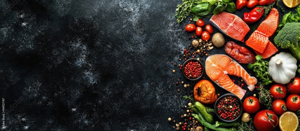Poster fodmap diet concept with copyspace in the center low fodmap ingredients such as poultry fish seafood
