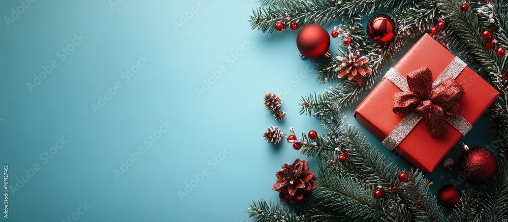 Poster top view flat lay of christmas decorations and a gift box on a colored background with copyspace a c