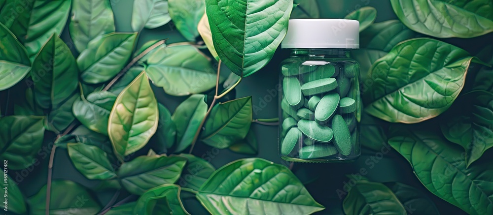 Poster Bottle containing pills and green leaves on a colored background top view. with copy space image. Place for adding text or design