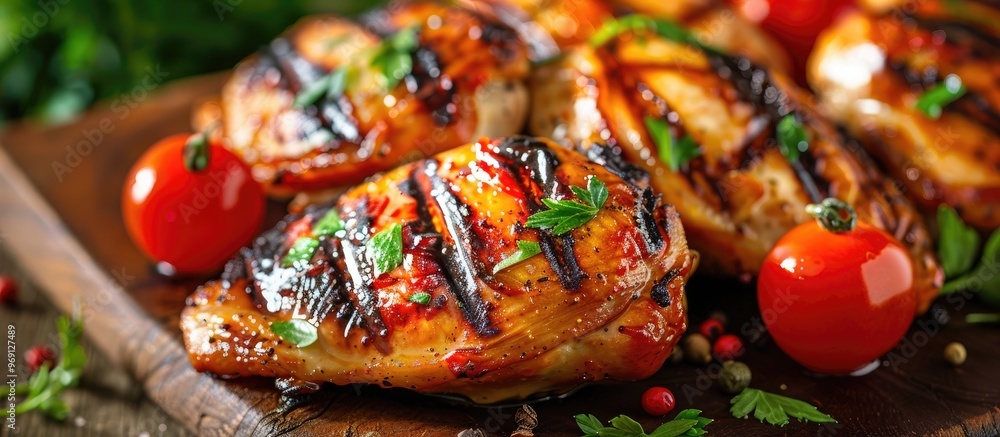 Aufkleber Delicious grilled chicken accompanied by fresh tomatoes on a plate. with copy space image. Place for adding text or design