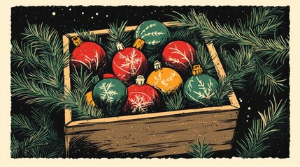 Illustration of a vintage wooden box filled with festive ornaments set against a backdrop of evergreen branches Decorative elements for holiday celebrations Blank area for personalization