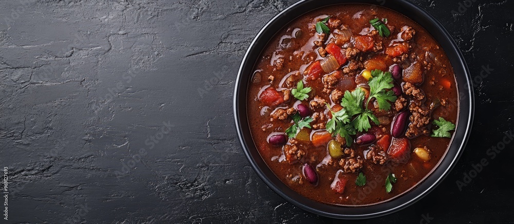 Leinwandbilder chili con carne a generous serving of the stew viewed from above with copy space