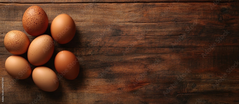 Aufkleber raw brown chicken eggs on a wooden table viewed from above space for text. with copy space image. pl