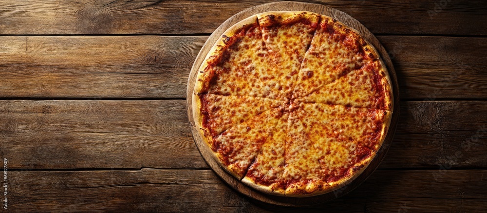 Poster pizza viewed from above on a wooden table with room for text. with copy space image. place for addin