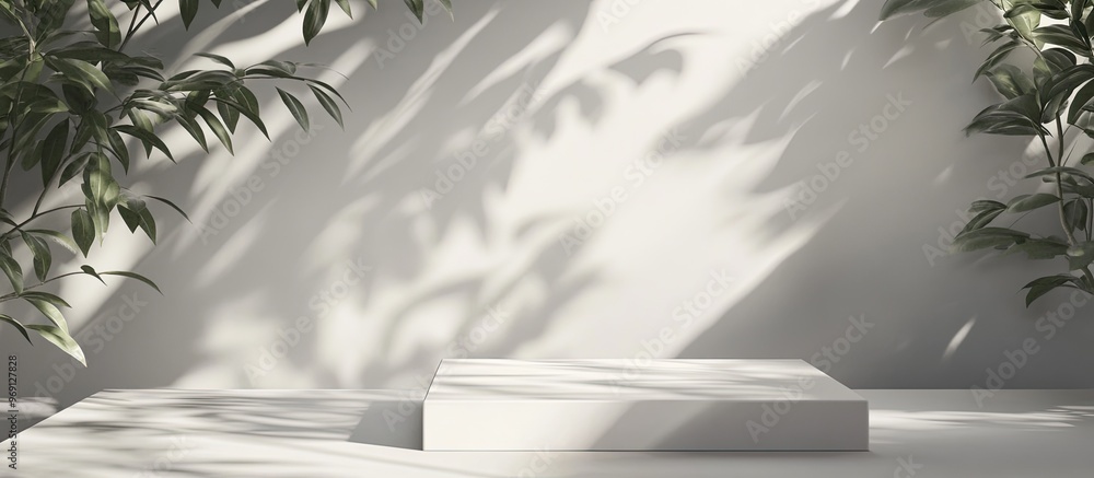 Poster Abstract minimal nature scene featuring an empty stage and square podium against a gray background with soft shadows of tree leaves A pedestal for showcasing cosmetic products and packaging mockups