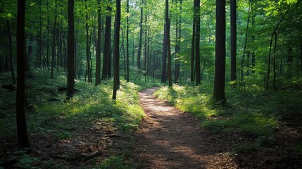 Fototapeta premium A serene forest path surrounded by lush greenery and soft sunlight filtering through trees.