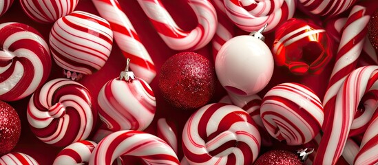 A collection of candy canes on a red background styled for Christmas with copy space