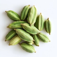 A collection of green cardamom pods arranged on a white background.