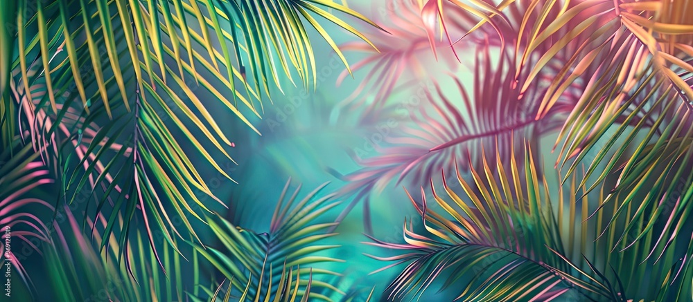 Poster palm leaves on a colored backdrop. with copy space image. place for adding text or design