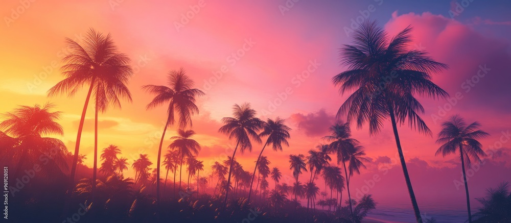 Poster Dark outlines of coconut palm trees set against a vibrant sunset sky on a tropical island Background for vacation and exotic travel concepts. with copy space image. Place for adding text or design