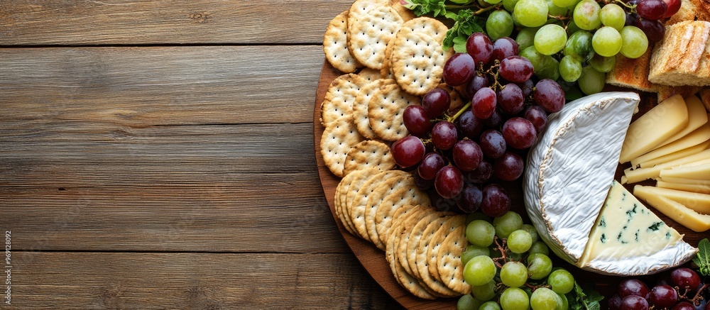 Poster top view of a cheese platter featuring assorted grapes bread and crackers. with copy space image. pl