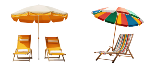Set of beach chairs with sun umbrella, isolated on white background, summer relaxation essentials
