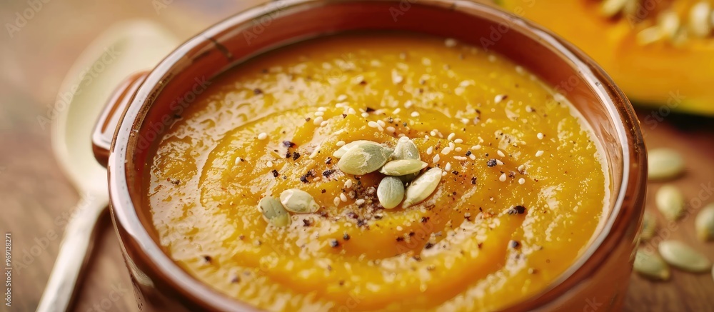 Aufkleber roasted pumpkin and carrot soup featuring pumpkin and hemp seeds a classic pumpkin soup with a cream