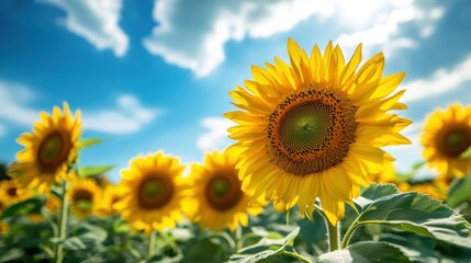 Fototapeta premium A vibrant field of sunflowers under a bright blue sky with fluffy clouds.