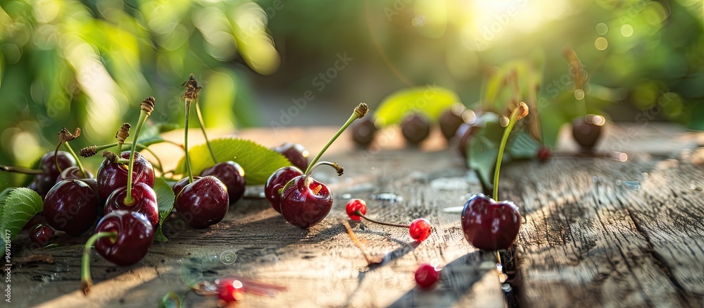 Aufkleber sweet cherry in the garden on a wooden surface focus concept. with copy space image. place for addin