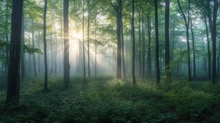 A serene forest scene with sunlight filtering through trees and mist.