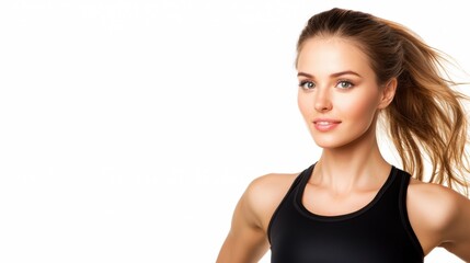 Fototapeta premium A dynamic European fitness model in a lunge pose, long hair tied back, wearing stylish athletic gear, isolated on white background