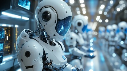 Autonomous robots building a space station in orbit: Robots assembling parts of a futuristic space station.