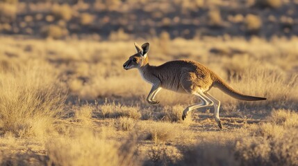 A kangaroo gracefully hops through a sunlit, dry landscape filled with sparse vegetation.